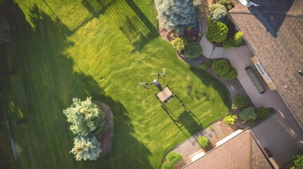 Fototapeta premium A drone delivering a package to a suburban backyard, residential setting with green lawn and happy recipient, Serene style