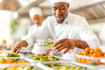 In a lively kitchen setting, a dedicated chef focuses on expertly arranging a variety of fresh vegetables and vibrant ingredients, showcasing culinary creativity and precision