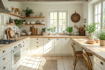 Fototapeta premium Modern kitchen interior with white cabinets and wooden countertop