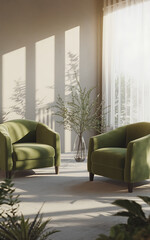 Two Green Armchairs in a Minimalist Living Room with Sunlight Streaming Through a Window   Relaxing and Serene Home Interior Design 