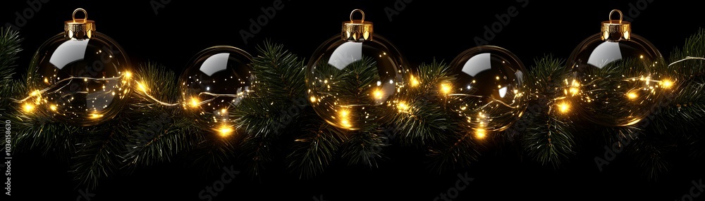 Poster hyperrealistic design of pine branches adorned with glowing ornaments and twinkling lights