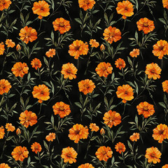 beautiful seamless pattern of watercolor marigold flowers and leaves on black background