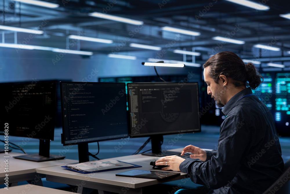 Poster admin working on computer to check for signs of imminent failure in data center infrastructure. it e