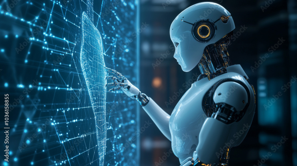 Poster humans and robots work together in the digital world, using technology to connect.