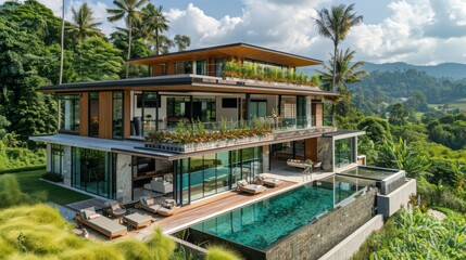 Obraz premium A luxurious modern house with a rooftop terrace, offering panoramic views of the scenic Thai countryside and vibrant agricultural fields
