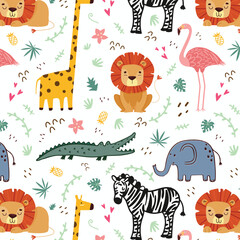 Zoo animals kid seamless pattern vector. Giraffe, lion, rhino, crocodile and elephant on white background.