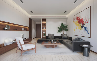 Fototapeta premium Modern living room interior design with black sofa and wooden accents showcasing minimalist style and contemporary elegance 