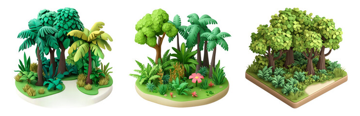 Obraz premium PNG Lush Tropical Forests with Diverse Greenery and Plants, 3D icons and objects collection, in cartoon style isolated on transparent background