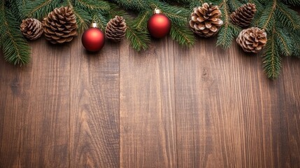 A vibrant Christmas background featuring dark wood, pine branches, red ornaments, and decorative cones, perfect for festive designs