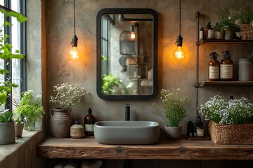 Modern bathroom interior with vintage accents and natural elements