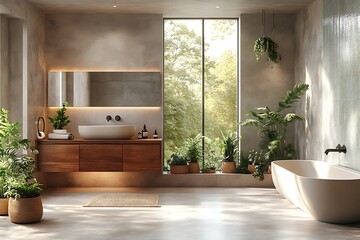 Fototapeta premium Modern bathroom interior with bathtub and green plants