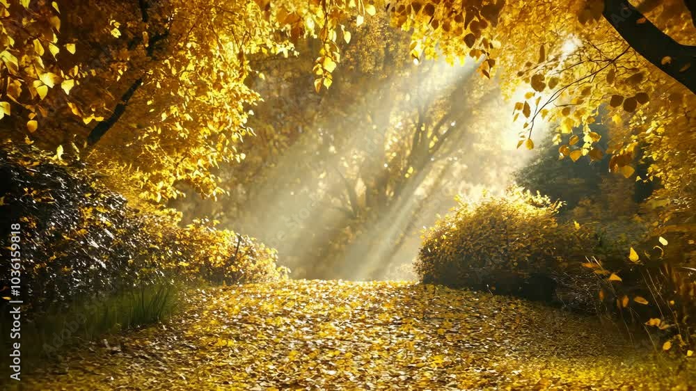 Poster sunlight streams through the trees in a golden forest, illuminating the path covered in fallen leave