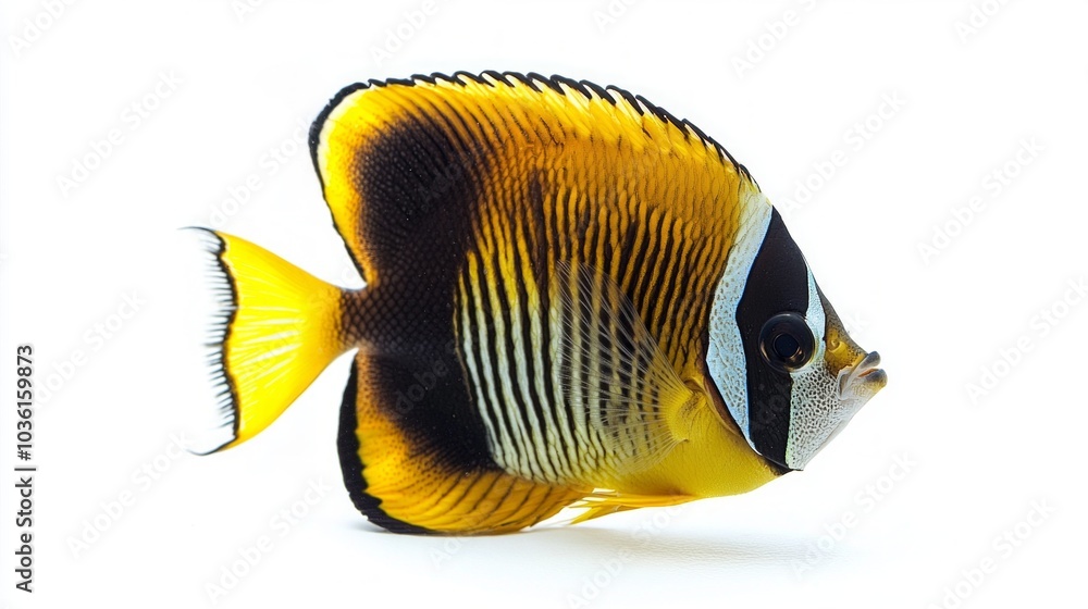 Poster butterflyfish glides in calm waters displaying striking yellow black and white patterns on its body.