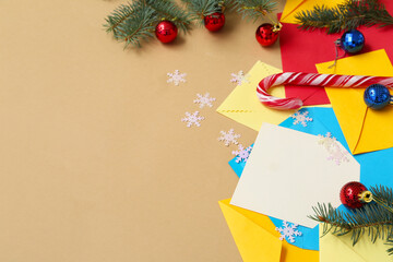 Beautiful composition with Christmas cards on brown background