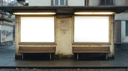 Two blank white posters on the side of a bus stop shelter in an urban setting.