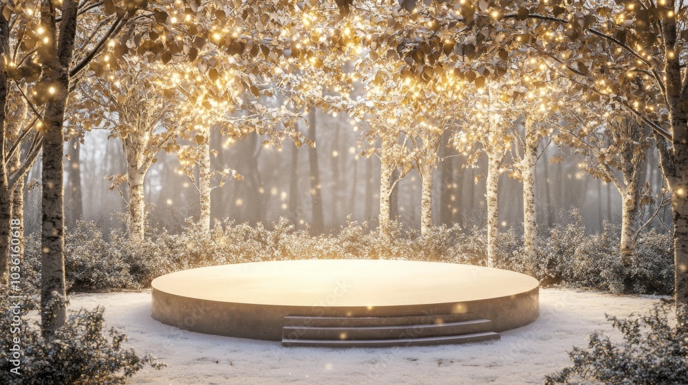 Poster A snowy forest scene with birch trees covered in snow and string lights strung between the branches. A circular stage is in the foreground, surrounded by a snowy clearing.