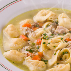 Delicious Homemade Chicken Tortellini Soup with Fresh Vegetables