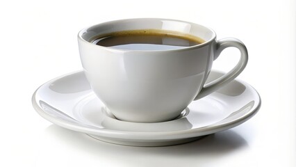 Obraz premium Steaming cup of coffee is resting on a saucer on a white background