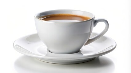 Steaming cup of coffee is resting on a saucer on a white background