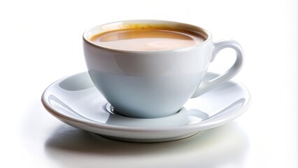 Steaming cup of coffee is resting on a saucer on a white background