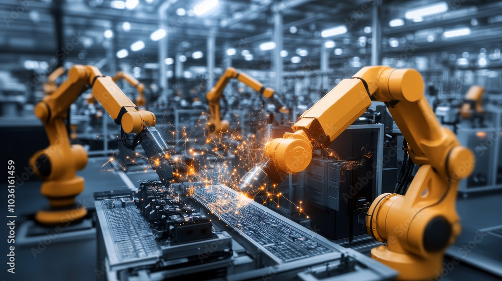 Poster industry 4.0 uses technology like automation and cloud computing to create smart factories.