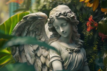 Fototapeta premium A serene angel statue is nestled among lush greenery and flowers. Concept reflects tranquility and nature. For promoting garden design or peaceful spaces.