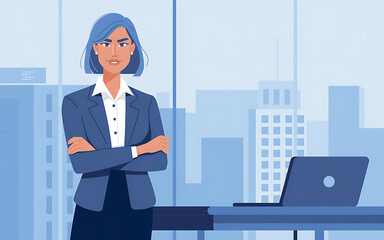 Fototapeta premium Confident Businesswoman in Blue Suit with Laptop in Modern Office - Success and Professionalism - Corporate 