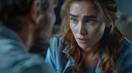 Fototapeta premium selective focus of upset young woman looking at boyfriend while sitting on sofa at home