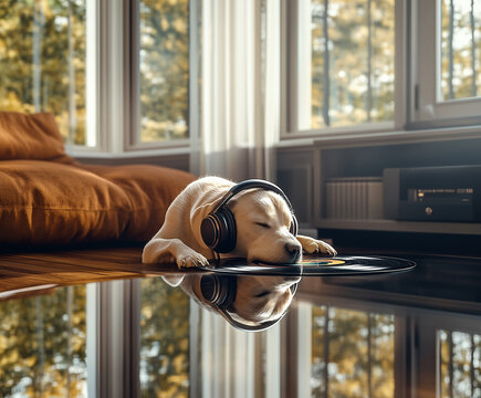  Labrador retriever, noszący słuchawki, zasnął, opierając pysk na płycie winylowej, leżąc na błyszczącej, drewnianej podłodze. W tle widać okna z widokiem na drzewa.