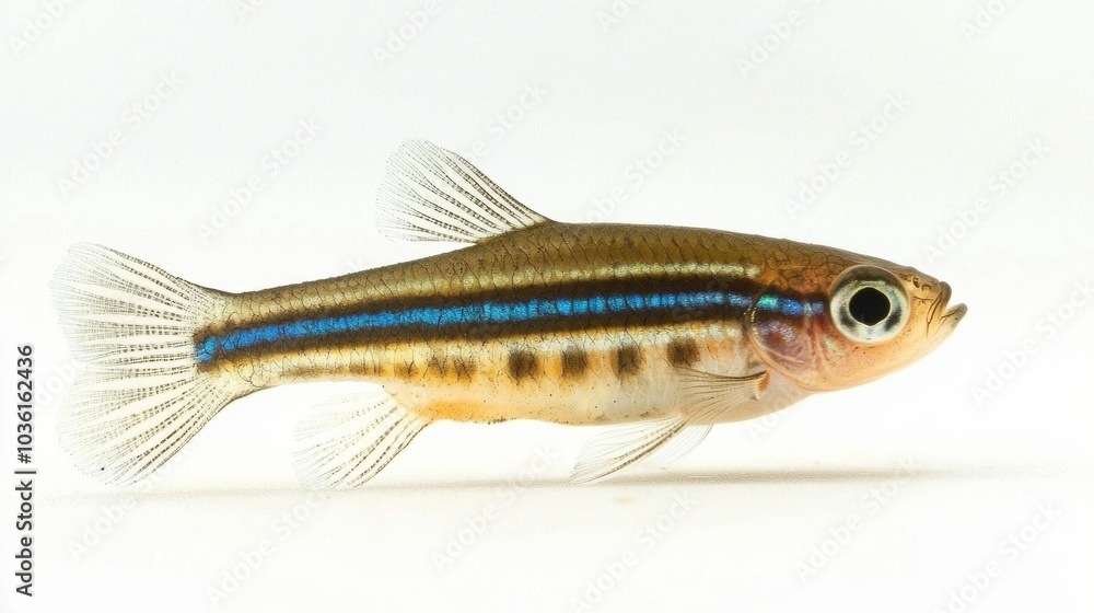 Poster zebra danio is swimming elegantly and displaying its striking horizontal stripes against a clean whi
