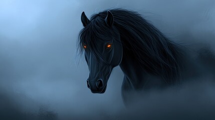 Obraz premium A black horse with glowing eyes stands in a misty field, gazing directly at the viewer.