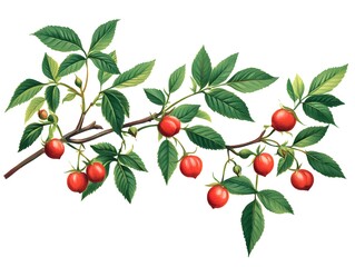 Vibrant dog rose branch with lush green leaves and clusters on white background