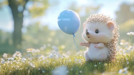 3D Cute Baby Hedgehog Holding a Pastel Blue Balloon, Adorable Animal Art