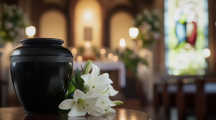 Black cremation urn with lilies in a church during a memorial service