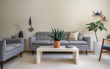 Grey sofa  white coffee table  green plant  minimalist living room  modern interior design   