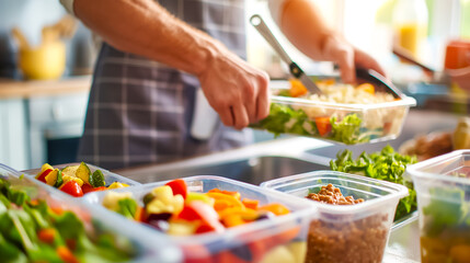 Fototapeta premium A person skillfully portions vibrant vegetables into containers, preparing nutritious meals in a sunlit kitchen filled with fresh ingredients and natural light