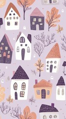 Cute Spooky Haunted Houses with Smiling Ghosts in a Repeating Pattern