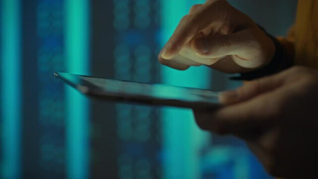 A hand gently taps a tablet screen in a contemporary workspace, illuminated by a mesmerizing blue light. The setting suggests technology and innovation during a dynamic working moment