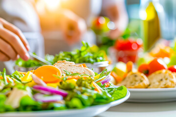 A vibrant salad brimming with various vegetables captures the essence of a sunny gathering, where friends come together to enjoy healthy food and good company