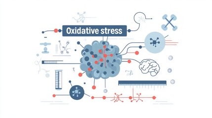 Illustration depicting oxidative stress with molecular structures and brain imagery.
