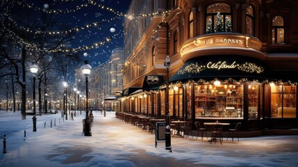 Obraz premium Guests enjoy warm drinks in a festive cafe, surrounded by snow-covered streets illuminated with sparkling decorations