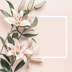 Blank card with elegant blooming white lilies.	