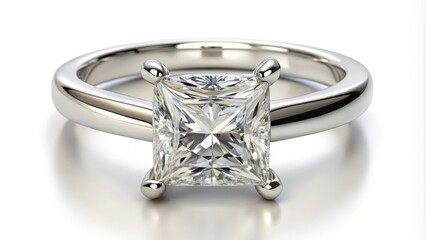 Platinum solitaire ring holding a square princess cut diamond sparkling on a white background