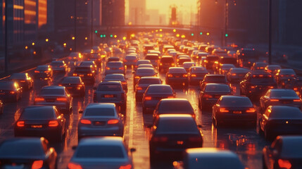 Obraz premium Lots of cars are stuck in heavy traffic on the city streets and highway during rush hour.