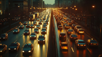 Obraz premium Lots of cars are stuck in heavy traffic on the city streets and highway during rush hour.