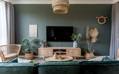 Green and brown living room with a modern and cozy feel  perfect for a relaxing evening at home   