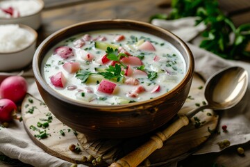 A bowl of creamy soup with diced vegetables and herbs sits on a wooden board. Concept is fresh and healthy dining. For recipe blogs.