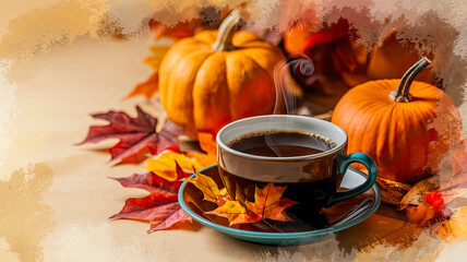 A autumn pumpkin with hot cup of coffee with orange, red, yellow autumn leaves spread across the table.
