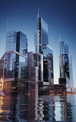 Futuristic skyscrapers reflecting in blue water under a starry sky   A modern city skyline concept   
