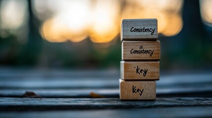 Stacked wooden blocks with motivational phrases emphasizing the importance of consistency.